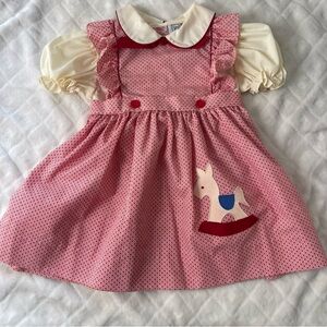 Vintage Baby Girl Dress red horse Cottagecore Prairie Lacy Nana's Pet 3T